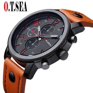 Hot Sales O.T.SEA Brand Soft Pu Leather Watch Men Military Sports Quartz Wristwatch Relogio Masculino 8192
