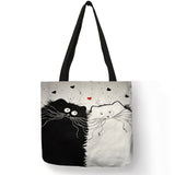 Customized Cute Cat Printing Women Handbag Linen Tote Bags with Print Logo Casual Traveling Beach Bags