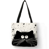 Customized Cute Cat Printing Women Handbag Linen Tote Bags with Print Logo Casual Traveling Beach Bags