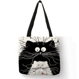 Customized Cute Cat Printing Women Handbag Linen Tote Bags with Print Logo Casual Traveling Beach Bags