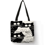Customized Cute Cat Printing Women Handbag Linen Tote Bags with Print Logo Casual Traveling Beach Bags