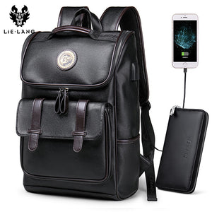 LIELANG Men Backpack External USB Charge Waterproof  Backpack Fashion PU Leather Travel Bag Casual School Bag leather bookbag